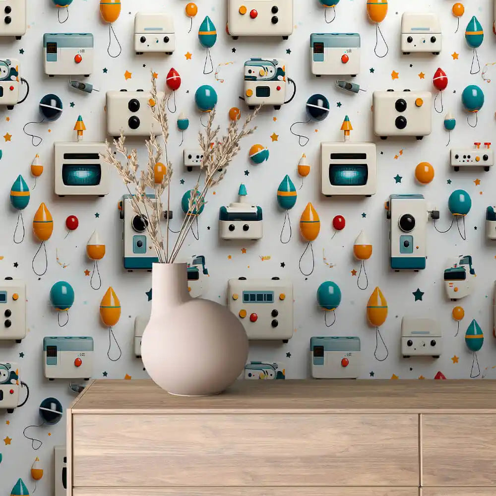 Little Robots and Balloons on White Peel & Stick Wallpaper – Toy Box 0033
