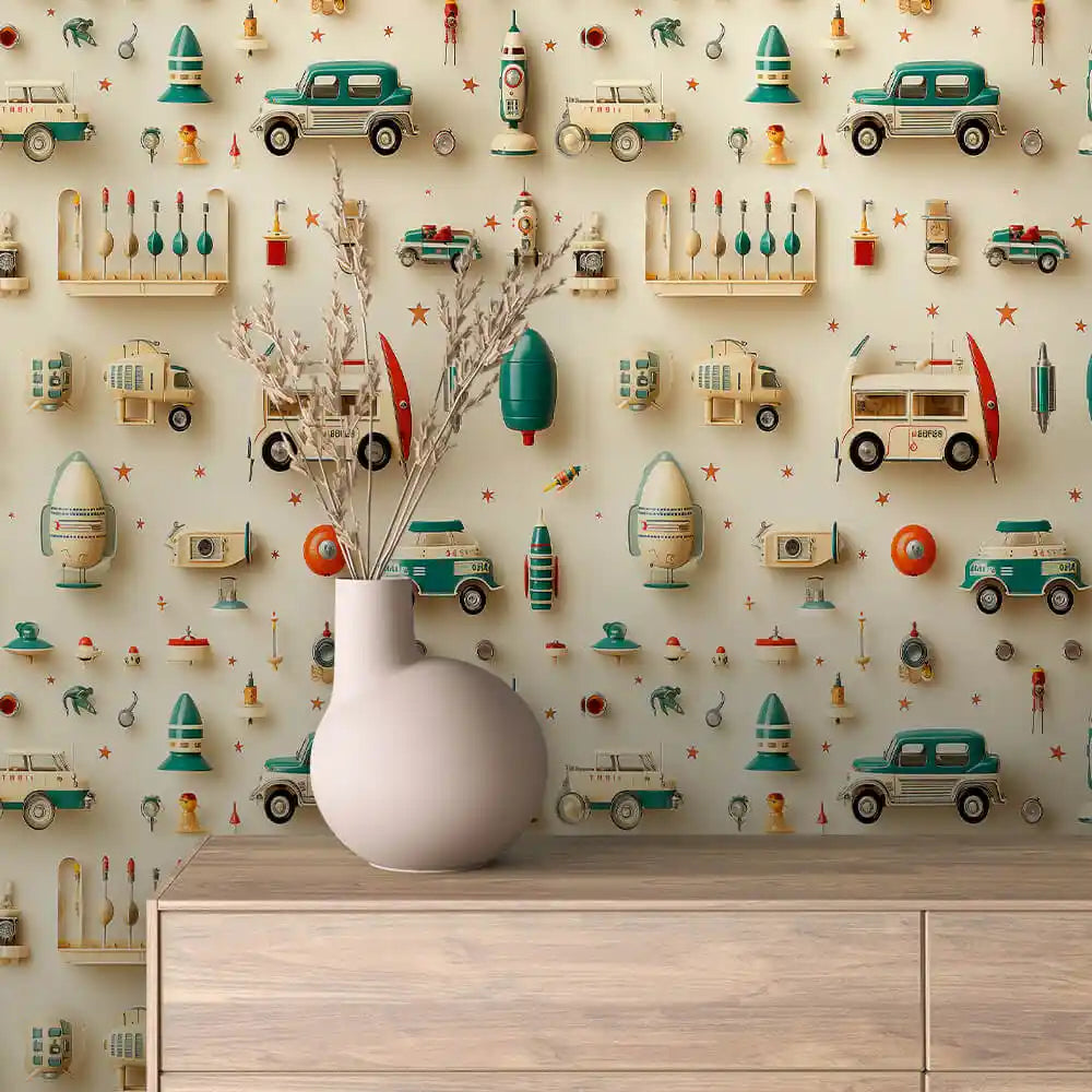 Vintage Tin Campers and Rockets on Cream Peel & Stick Wallpaper – Toy Box 0034