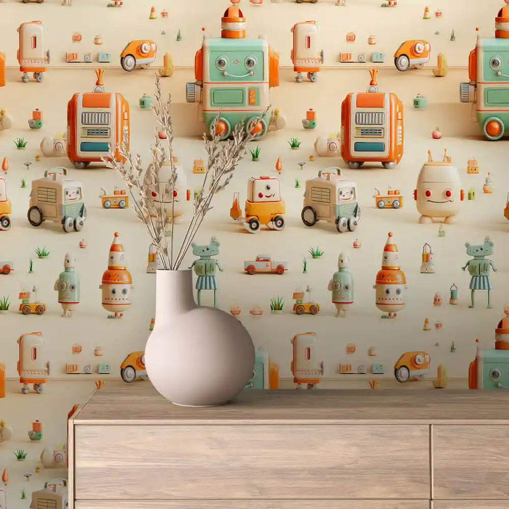 Friendly Robots in the Meadow on Cream Peel & Stick Wallpaper – Toy Box 0035