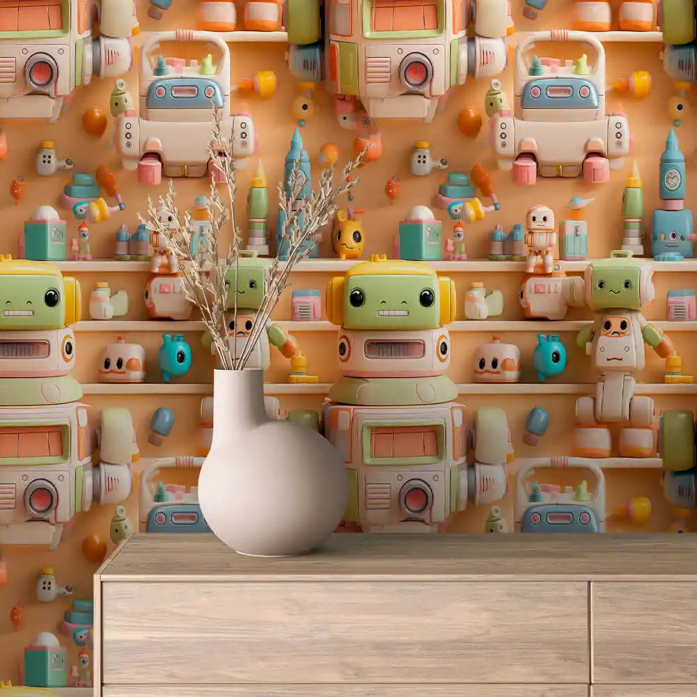 Robot Workshop Shelves on Apricot Peel & Stick Wallpaper – Toy Box 0036