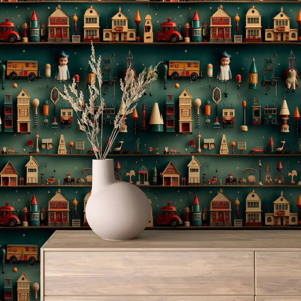 Antique Wooden Toy Cabinet in Forest Green Peel & Stick Wallpaper – Toy Box 0037