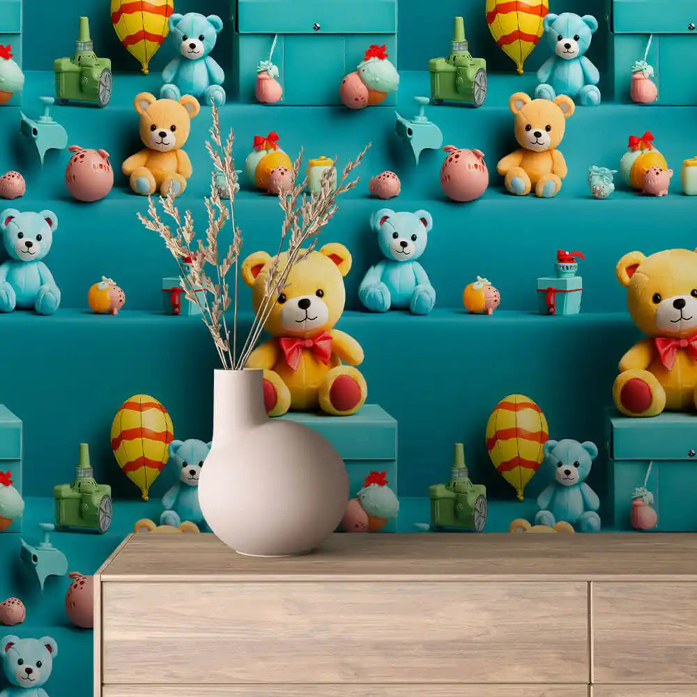Teddy Bear Shelves and Balloons on Teal Peel & Stick Wallpaper – Toy Box 0038