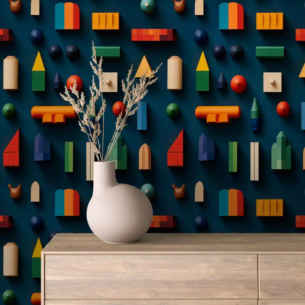 Wooden Building Blocks on Navy Peel & Stick Wallpaper – Toy Box 0039