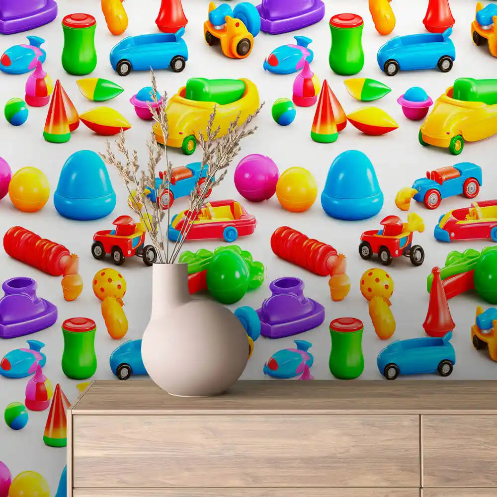 Bright Toddler Toys on White Peel & Stick Wallpaper – Toy Box 0042