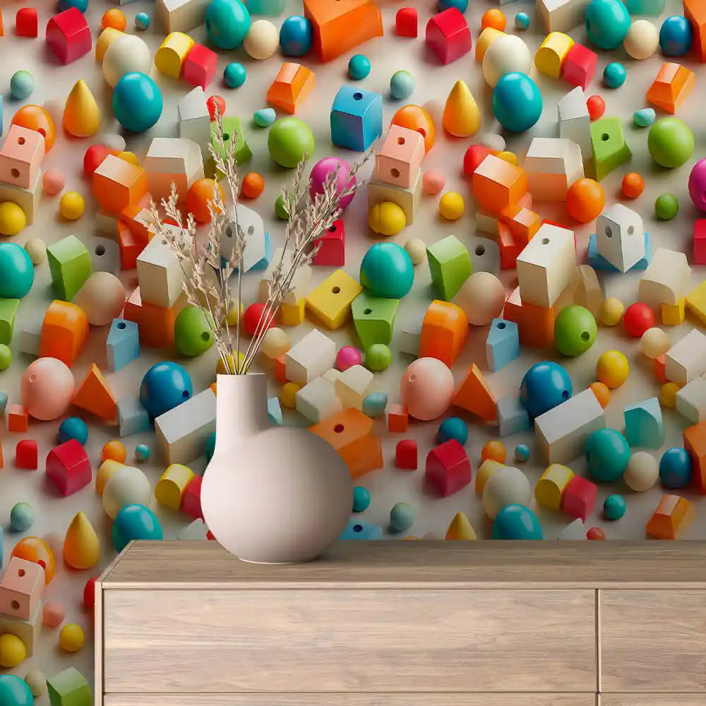 Muted Wooden Shapes and Balls on Cream Peel & Stick Wallpaper – Toy Box 0043