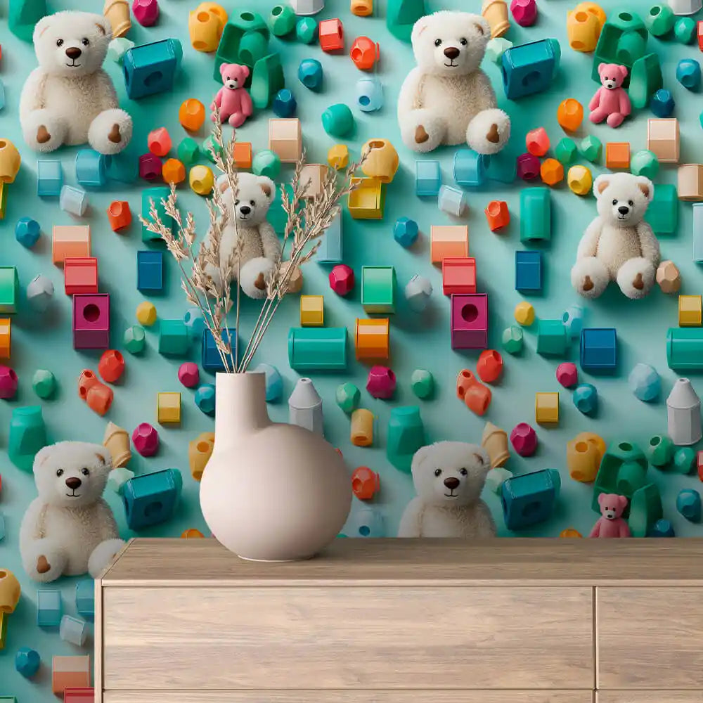 Fluffy White Bears and Blocks on Aqua Peel & Stick Wallpaper – Toy Box 0045