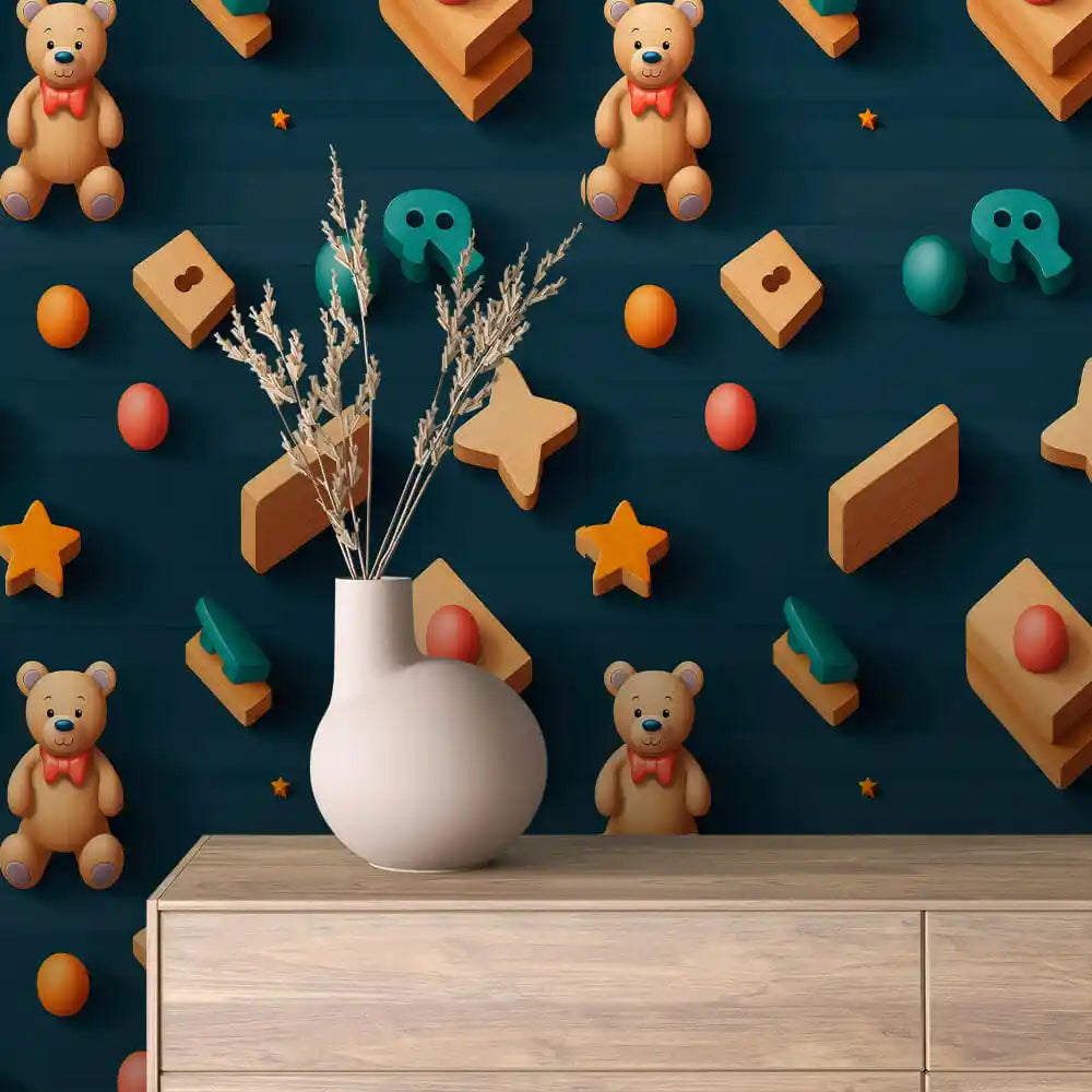 Bow Tie Bears and Wooden Blocks on Navy Peel & Stick Wallpaper – Toy Box 0047