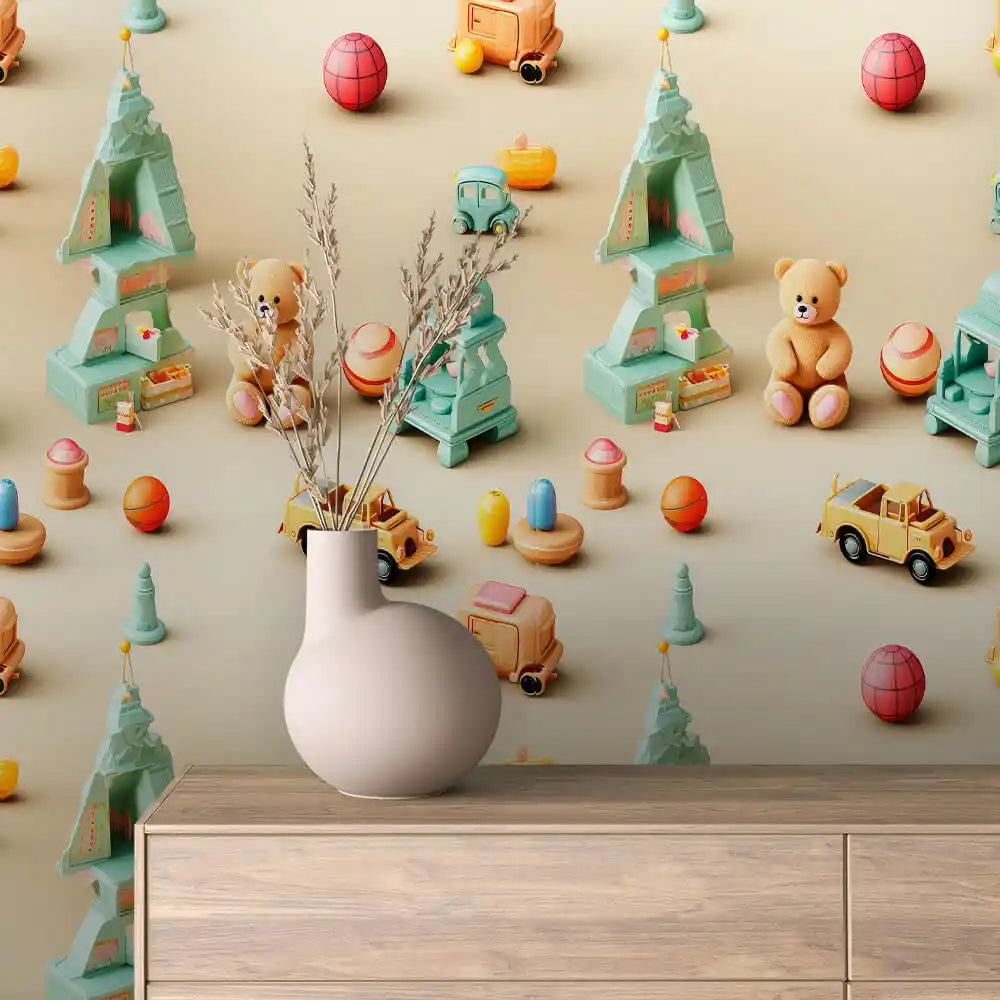 Mint Toy Chalets Bears and Trucks on Cream Peel & Stick Wallpaper – Toy Box 0048