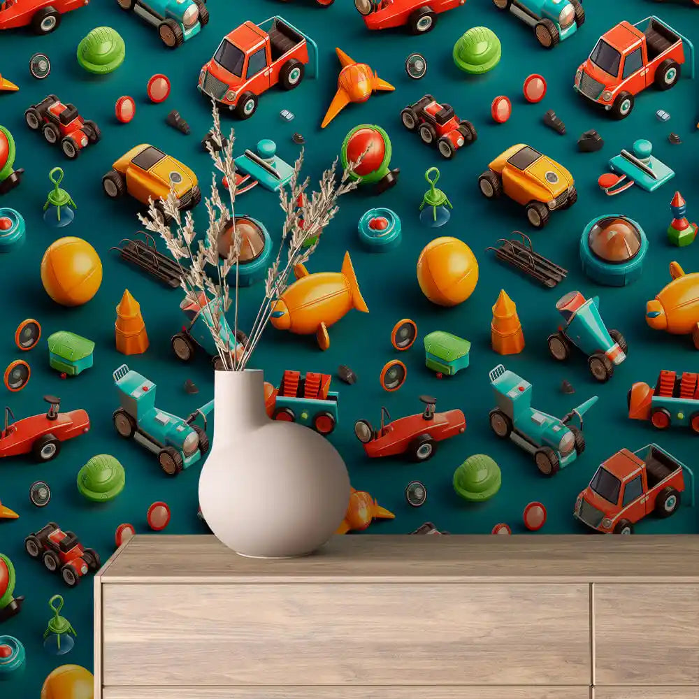 Racers Trucks and Planes on Deep Teal Peel & Stick Wallpaper – Toy Box 0049