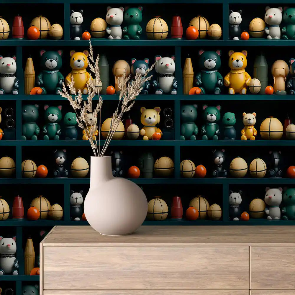 Bear Collection Cabinet in Dark Teal Peel & Stick Wallpaper – Toy Box 0051