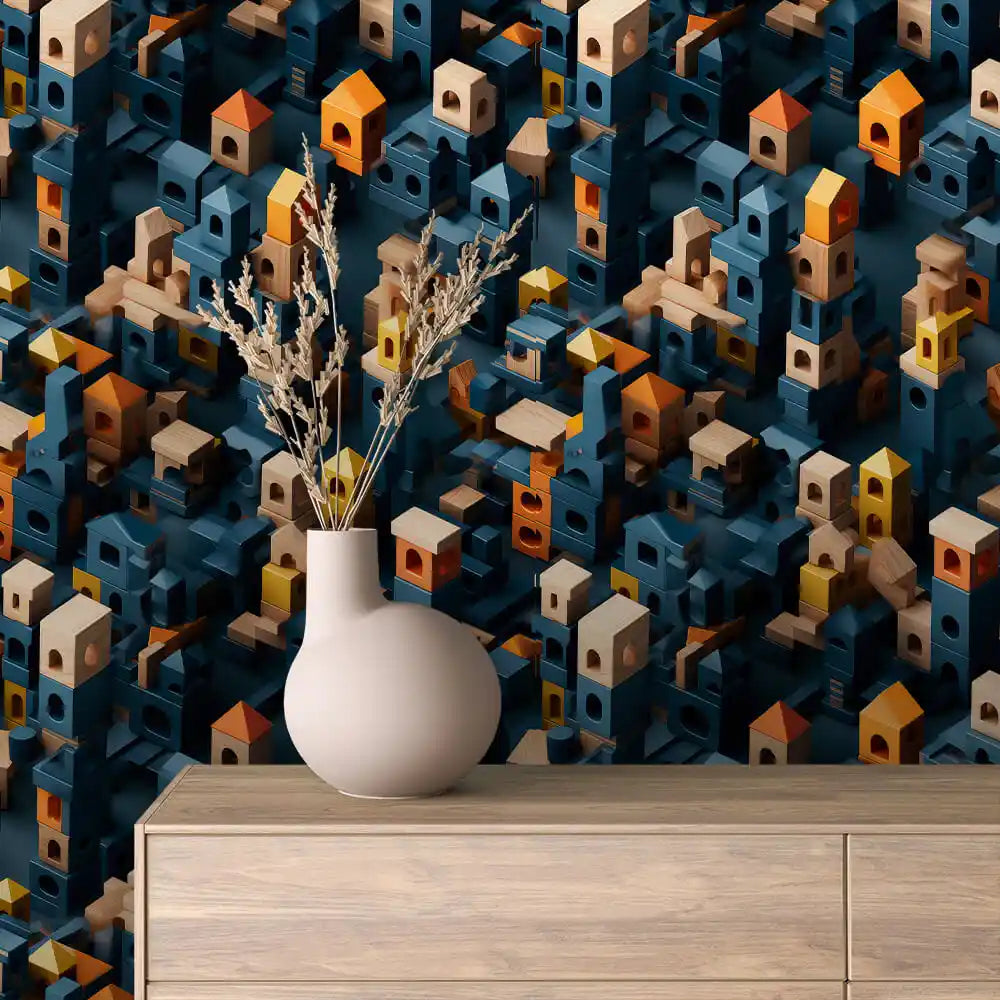Wooden Block City on Navy Peel & Stick Wallpaper – Toy Box 0052