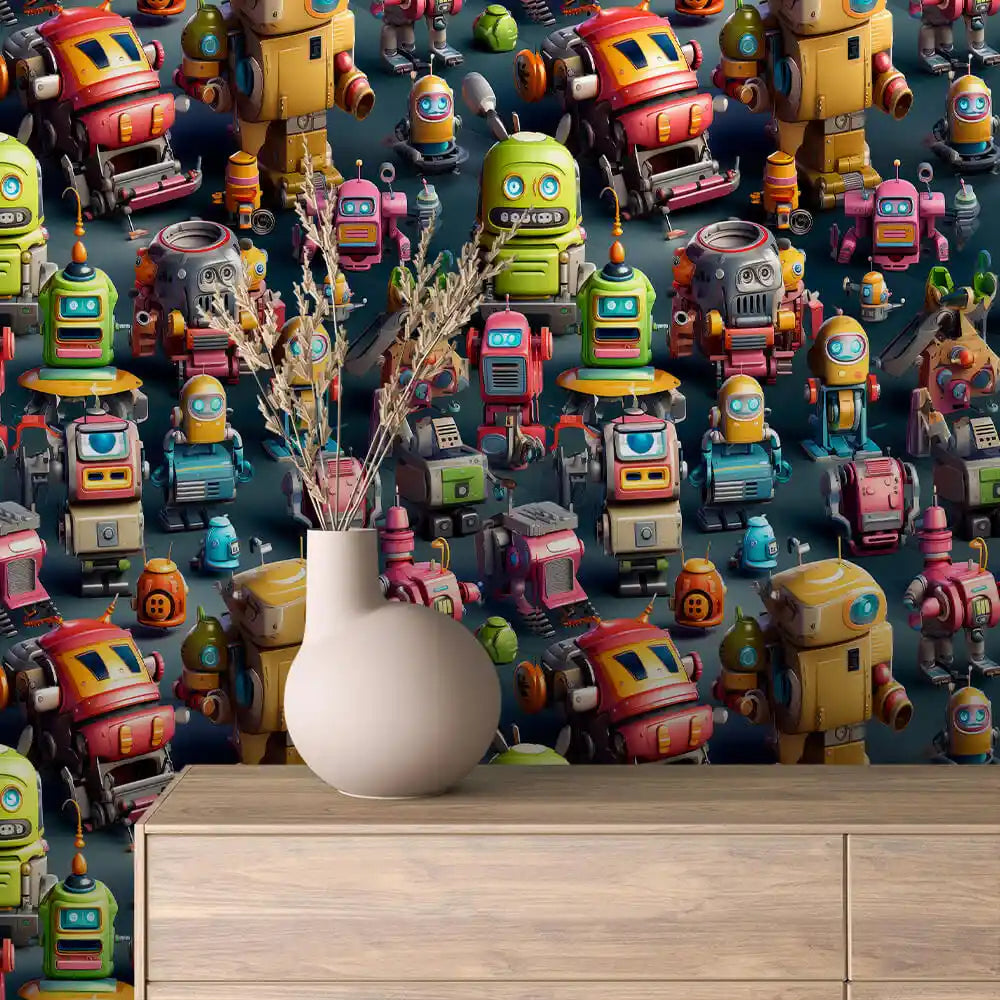 Crowd of Cartoon Robots on Navy Peel & Stick Wallpaper – Toy Box 0054