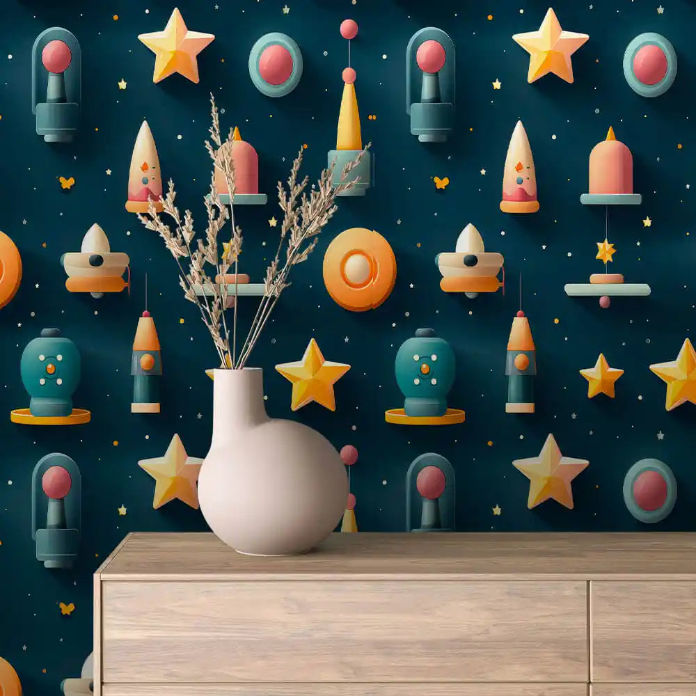 Pastel Rockets and Gold Stars on Navy Peel & Stick Wallpaper – Toy Box 0055