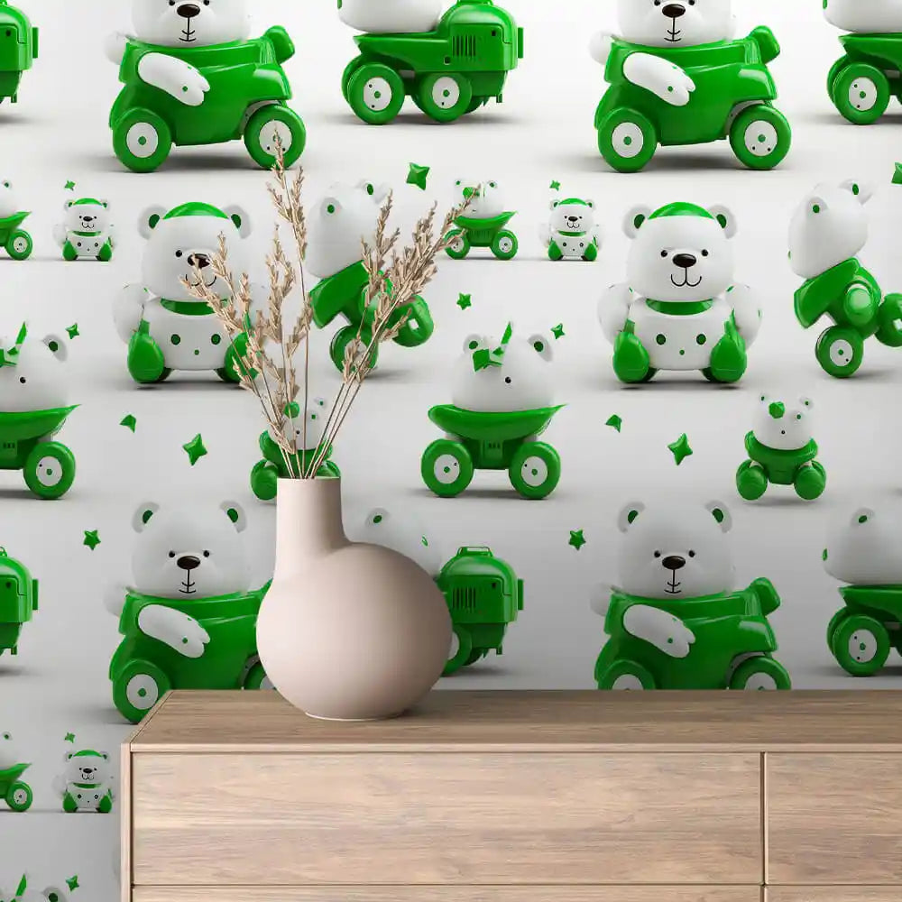 White Bears on Green Ride On Cars Peel & Stick Wallpaper – Toy Box 0057