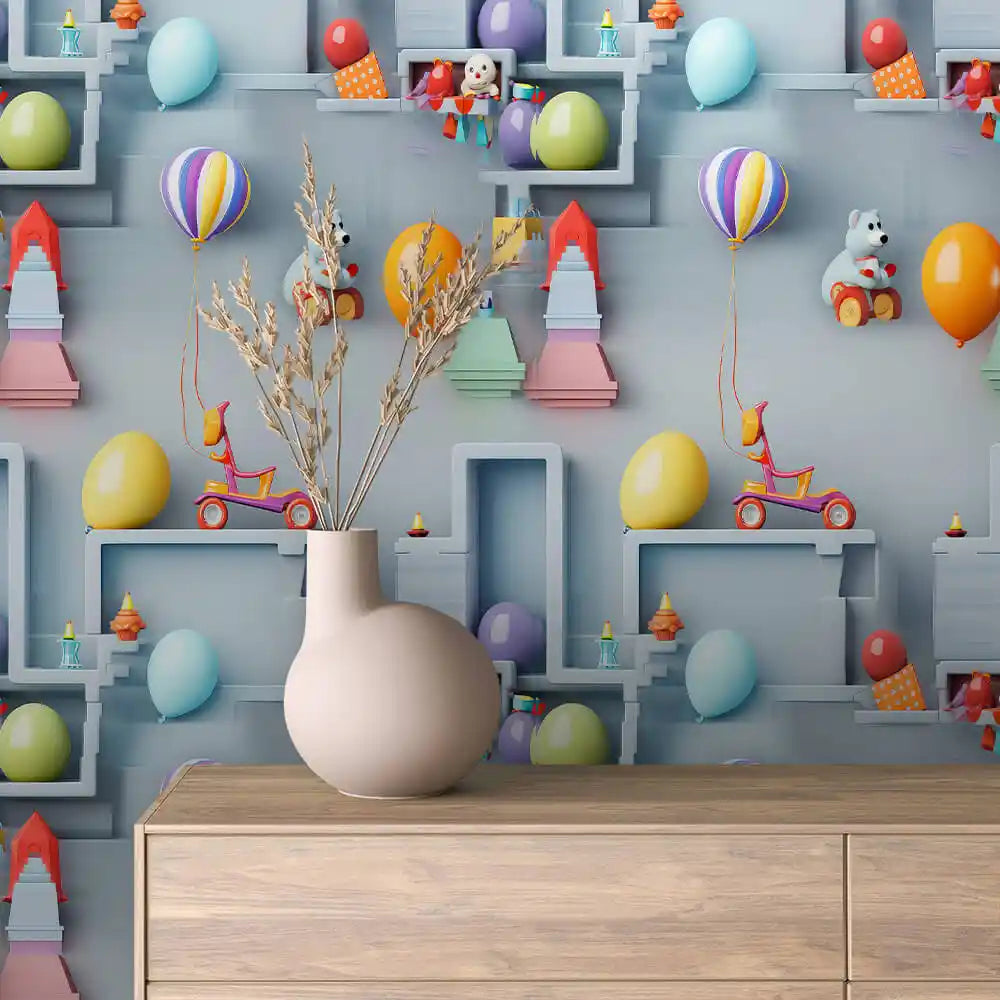 Balloons Rockets and Scooters on Pale Blue Peel & Stick Wallpaper – Toy Box 0058