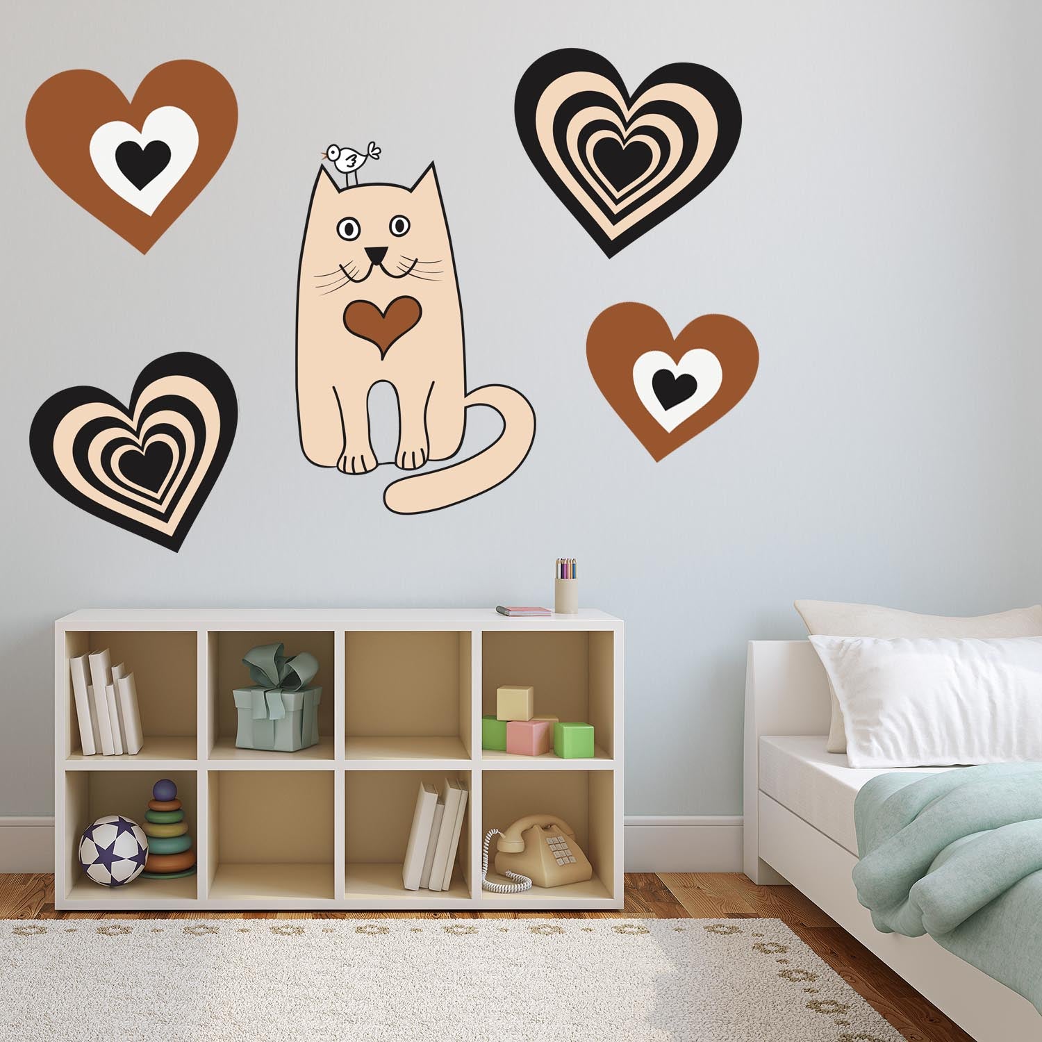 Adorable Beige Kitty with hearts Wall, Wall Decal Sticker, Removable, 5 Separate decals