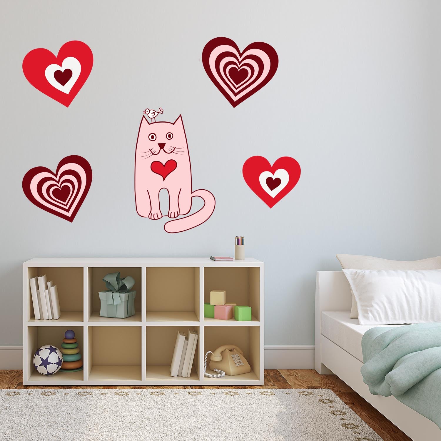 Adorable Pink Kitty with hearts Wall, Wall Decal Sticker, Removable, 5 Separate decals