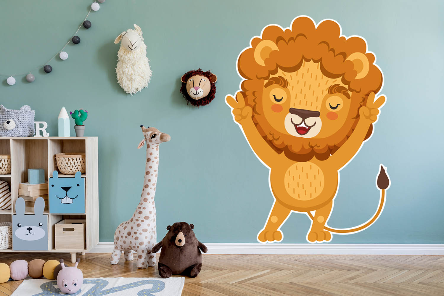 Animated Lion, Arms Up, Wall Decal Sticker, Removable, Soft Fabric Decal