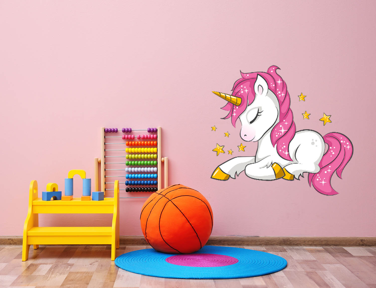 Sleeping Pink Maned UniCorn with 8 separate stars, Wall Decal Sticker, Removable with NO wall Damage!