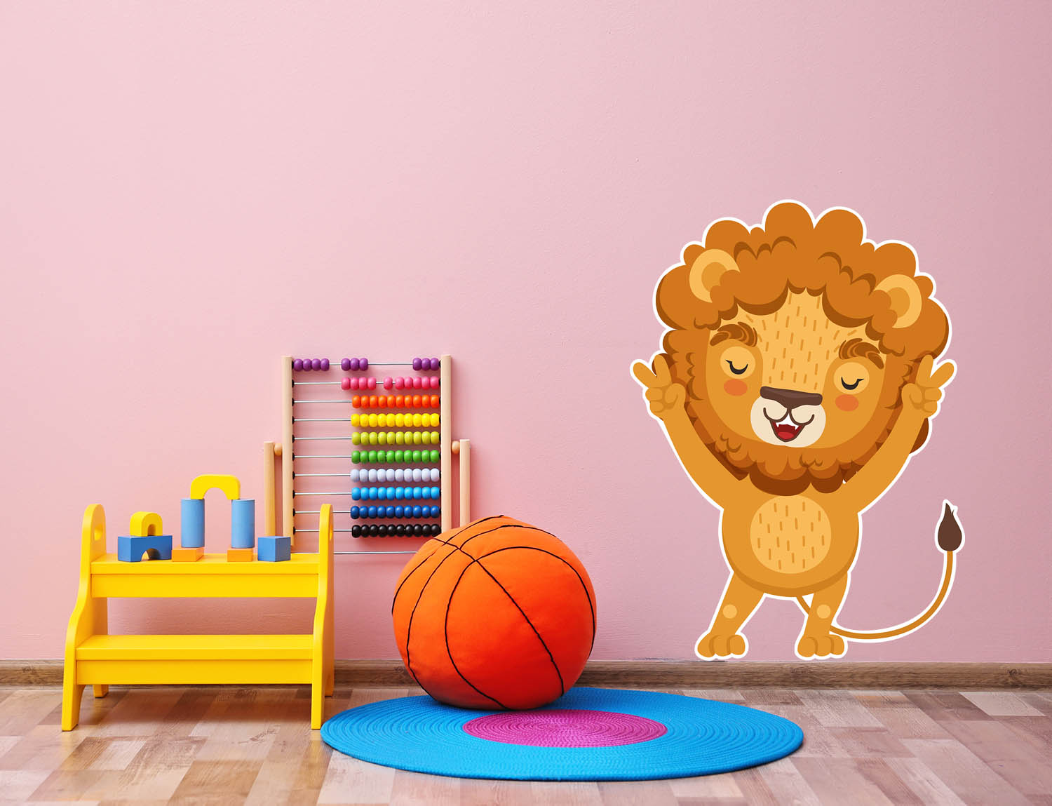 Animated Lion, Arms Up, Wall Decal Sticker, Removable, Soft Fabric Decal