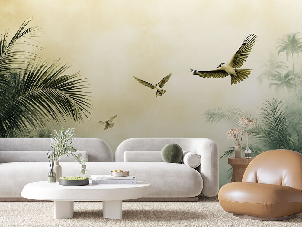 LANDSCAPE 0001 – Golden Mist Tropical Birds Wall Mural