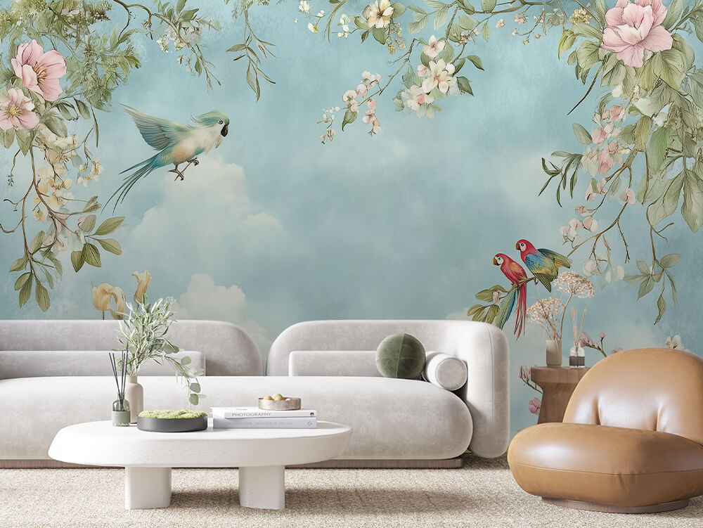 LANDSCAPE 0019 – Chinoiserie Parrot Blossom Wall Mural