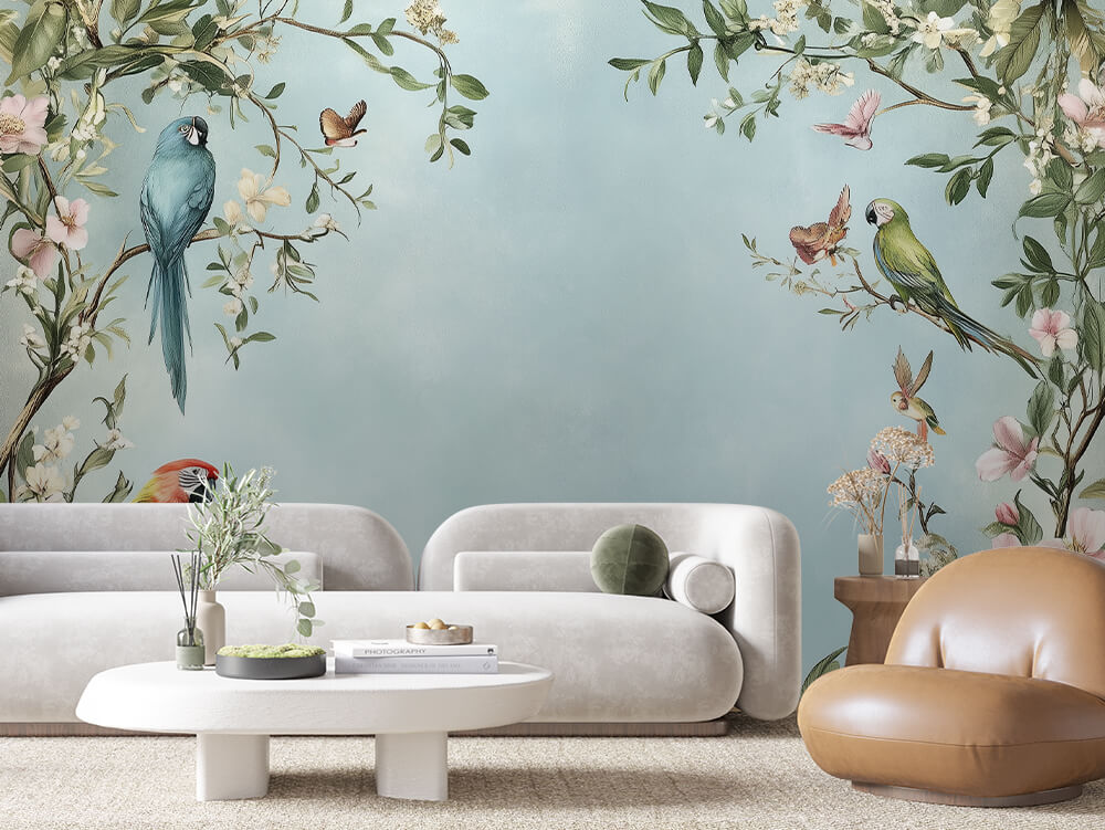LANDSCAPE 0021 – Teal Chinoiserie Parrot Garden Wall Mural