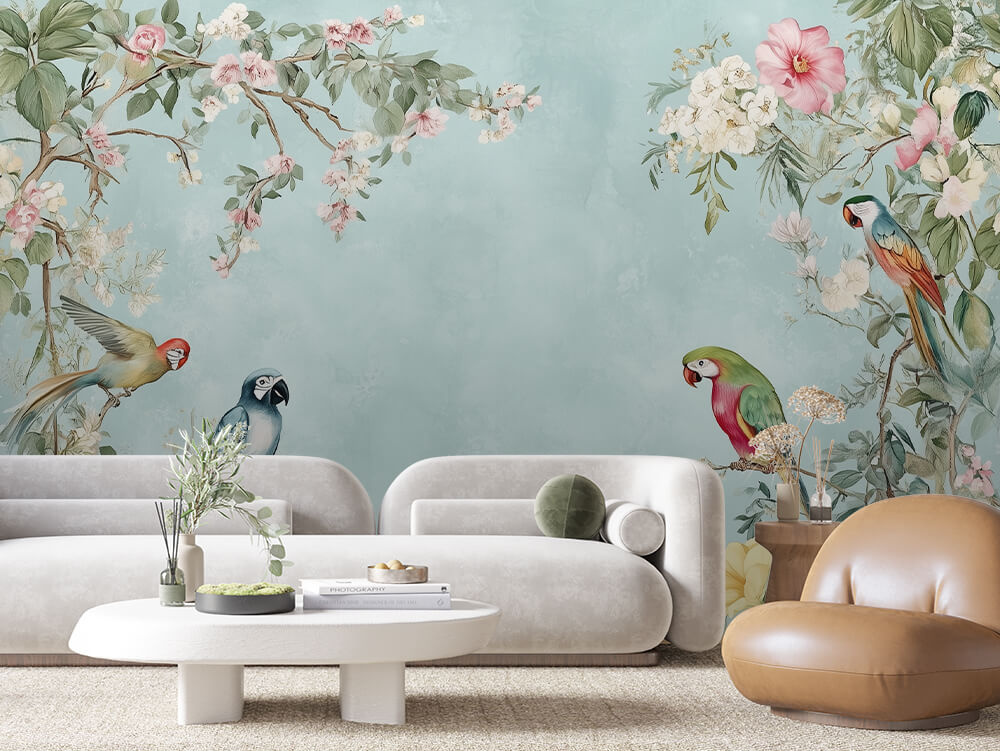 LANDSCAPE 0022 – Chinoiserie Macaw Blossom Wall Mural