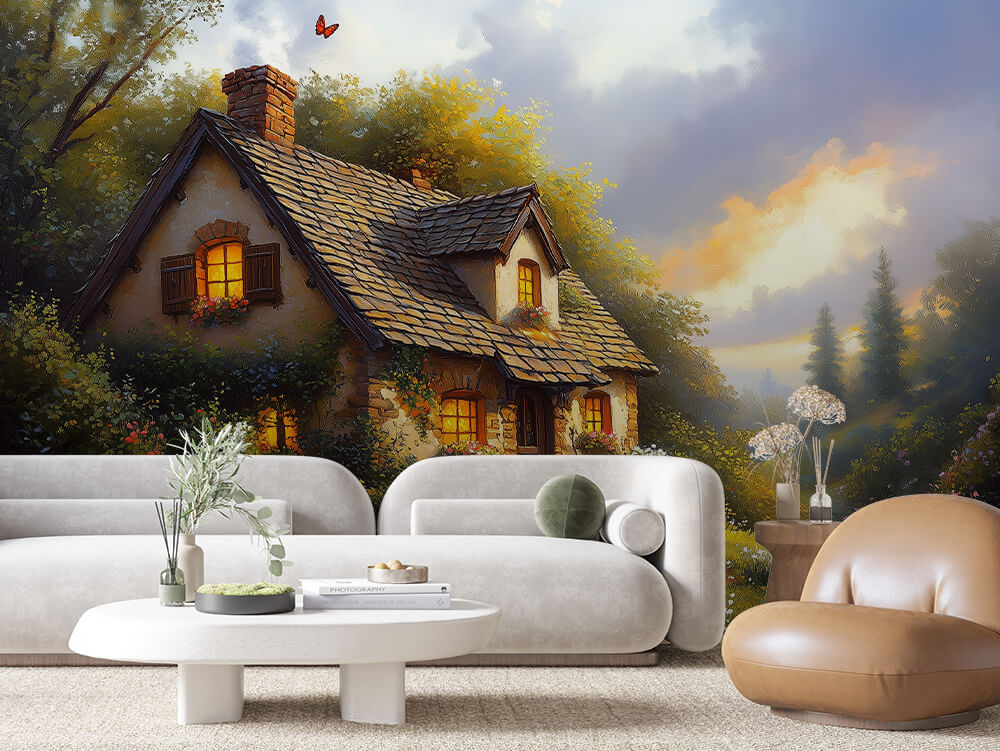 LANDSCAPE 0044 – Sunset Storybook Cottage Wall Mural