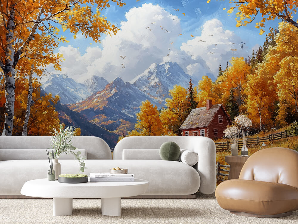 LANDSCAPE 0052 – Autumn Birch Mountain Cabin Wall Mural