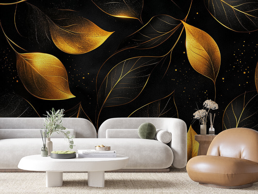 LEAVE 0001 – Golden Line Leaves Wall Mural
