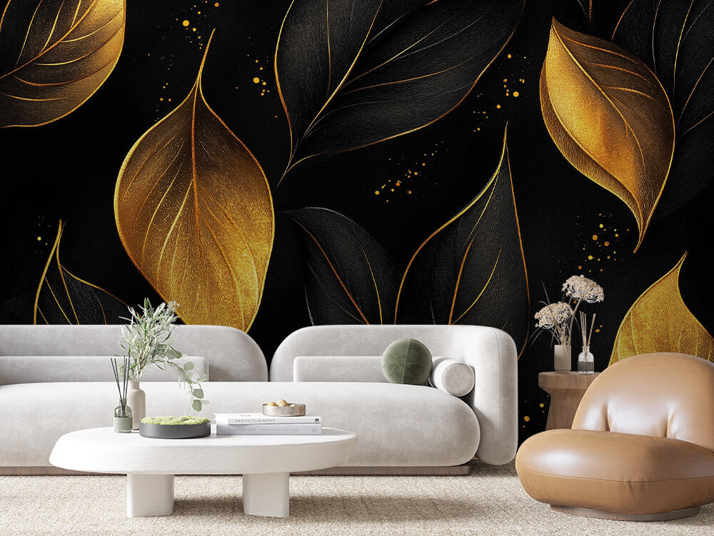 LEAVE 0002 – Gold and Black Leaf Duet Wall Mural