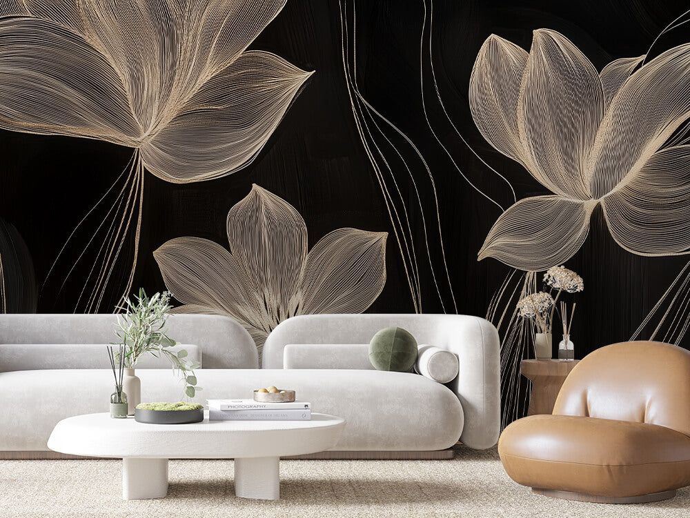 LEAVE 0005 – Linear Gold Lotus Wall Mural