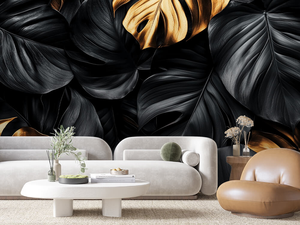 LEAVE 0007 – Black and Gold Monstera Wall Mural
