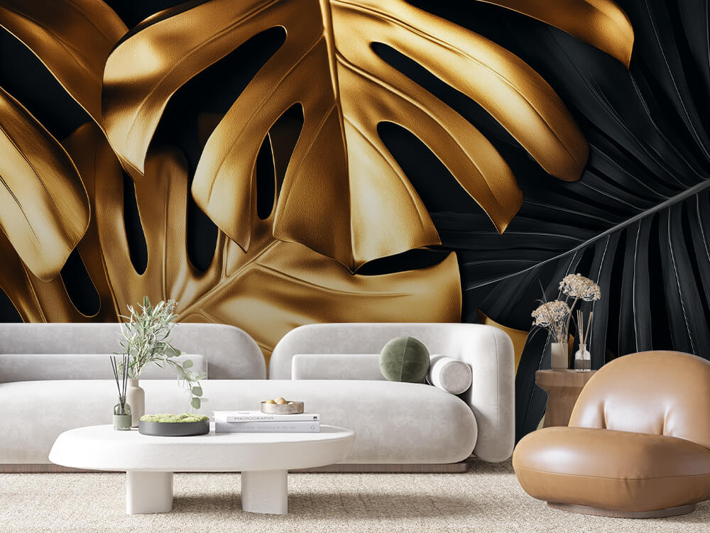 LEAVE 0009 – Gold Monstera Close-Up Wall Mural