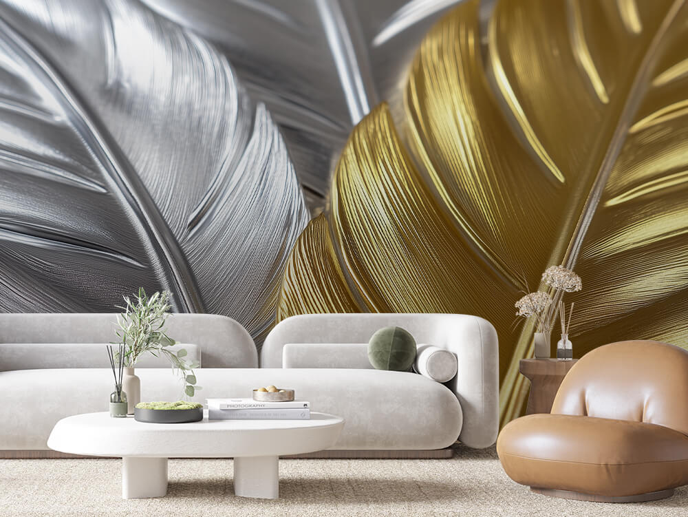 LEAVE 0017 – Silver and Gold Feather Leaf Wall Mural