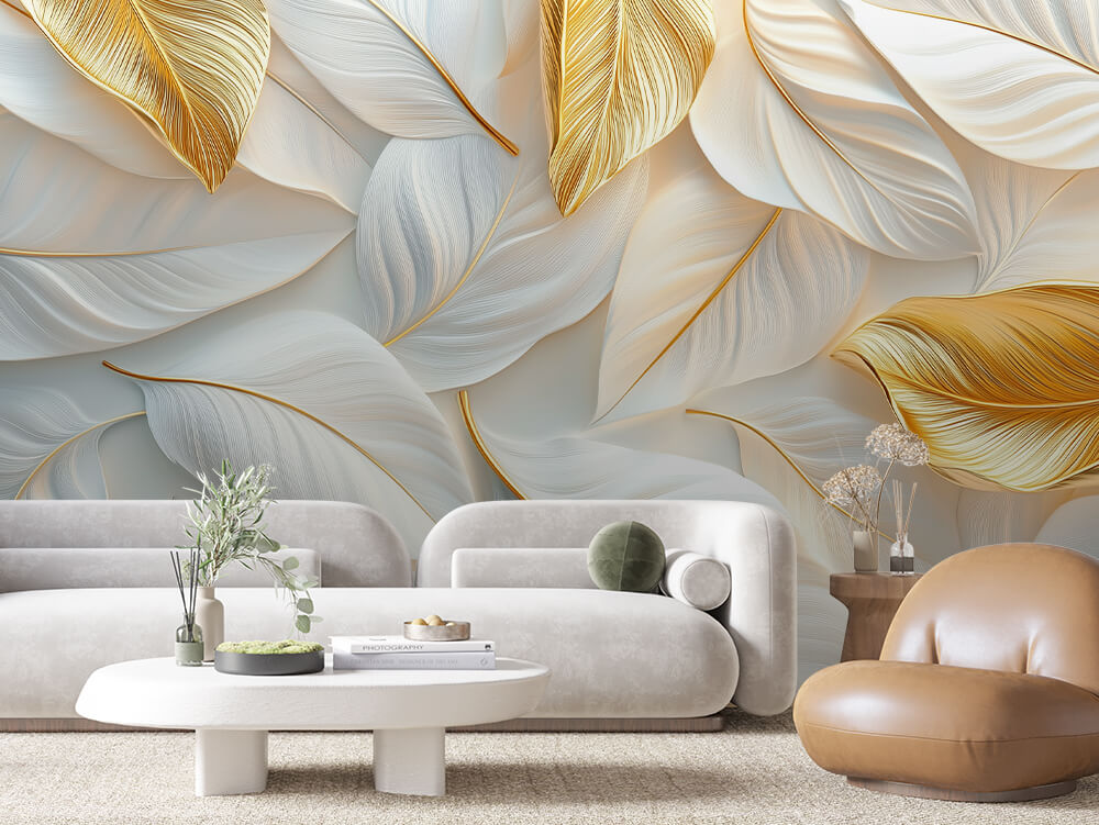 LEAVE 0021 – Ivory Embossed Leaf Relief Wall Mural