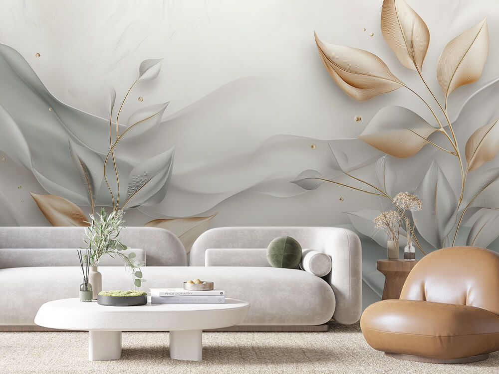 LEAVE 0022 – Sage Wave Gold Stem Leaf Wall Mural