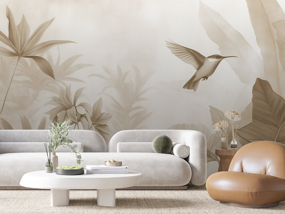 LEAVE 0023 – Sepia Botanical Hummingbird Wall Mural