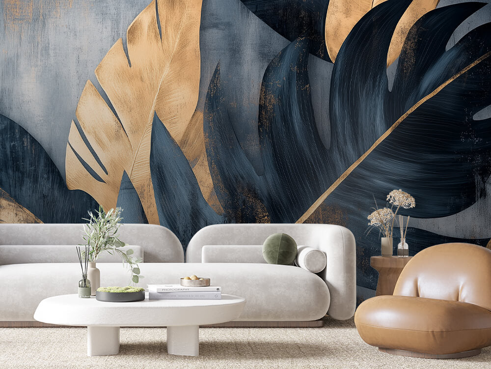 LEAVE 0037 – Charcoal Gold Monstera Wall Mural