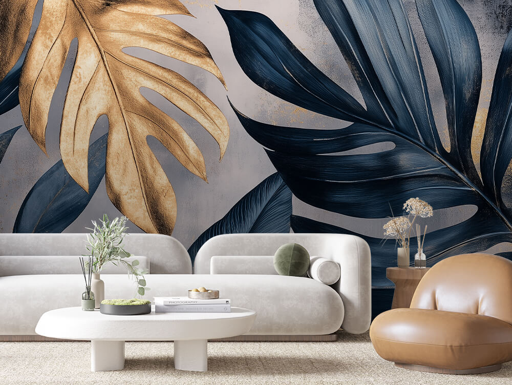 LEAVE 0039 – Gold and Navy Monstera Duo Wall Mural