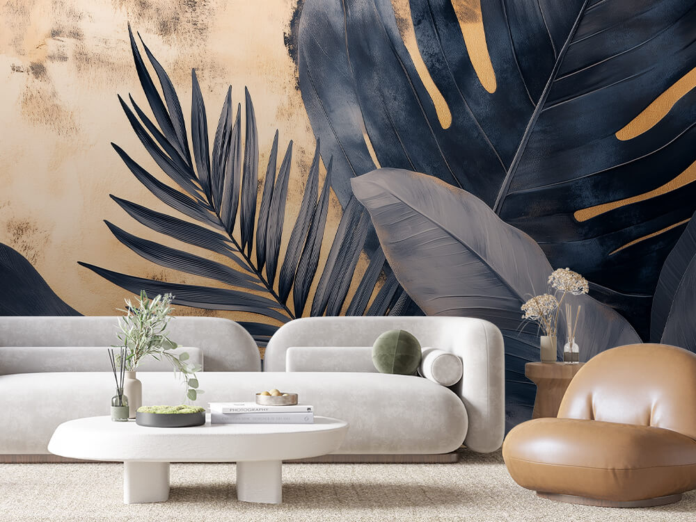 LEAVE 0040 – Navy Palm on Gold Grunge Wall Mural