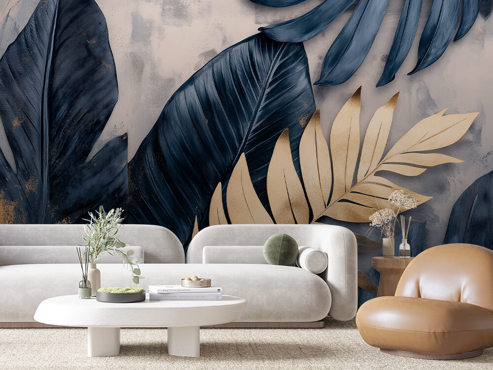 LEAVE 0041 – Navy and Gold Botanical Trio Wall Mural