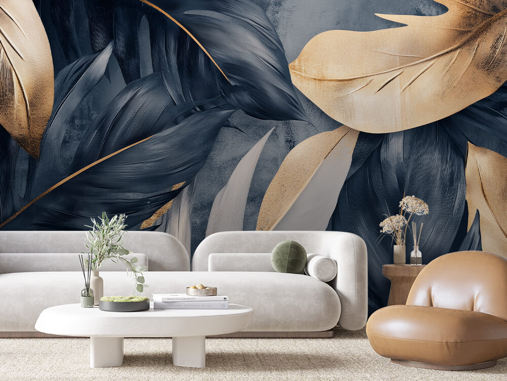 LEAVE 0043 – Layered Gold-Edged Feather Leaf Wall Mural