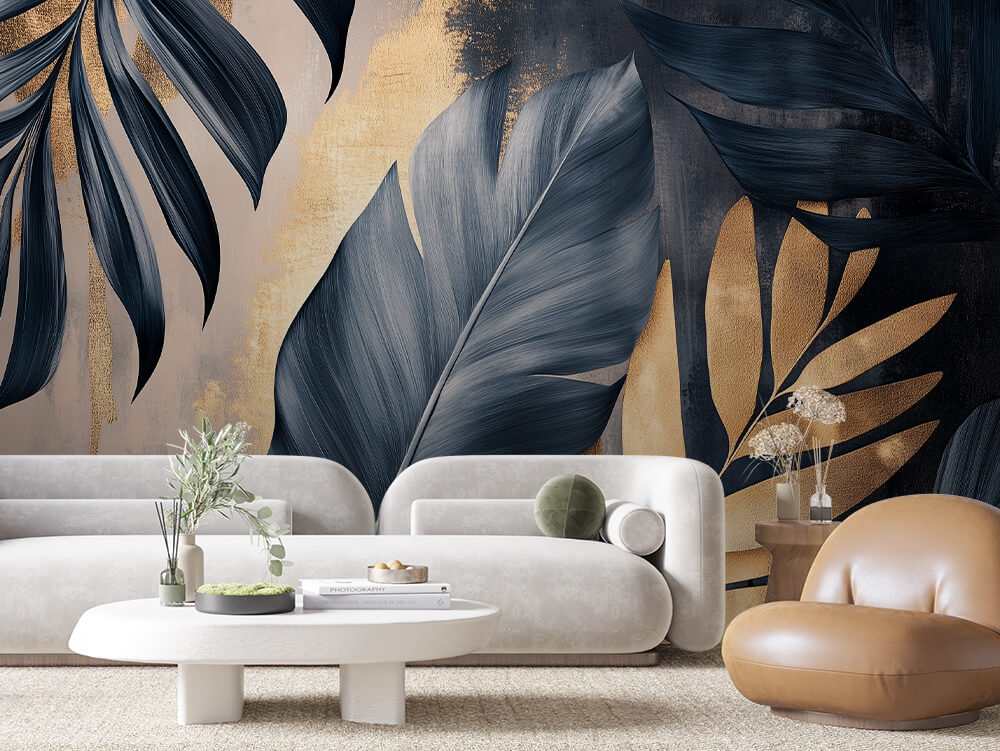 LEAVE 0044 – Navy Banana Leaf on Gold Wall Mural