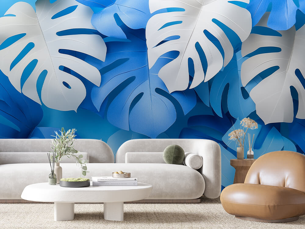LEAVE 0047 – Blue Paper-Cut Monstera Wall Mural