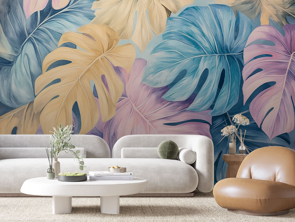 LEAVE 0049 – Pastel Painted Monstera Wall Mural