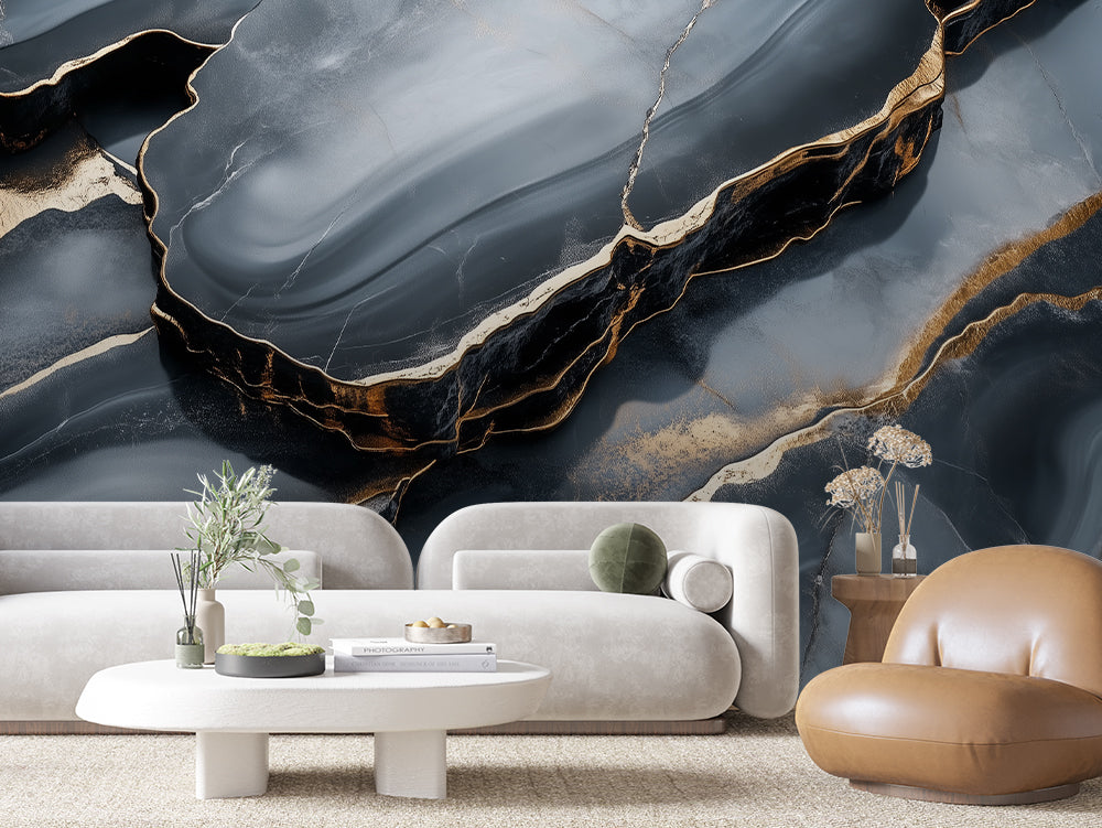 MARBLE 0005 – Charcoal Fractured Gold Marble Wall Mural
