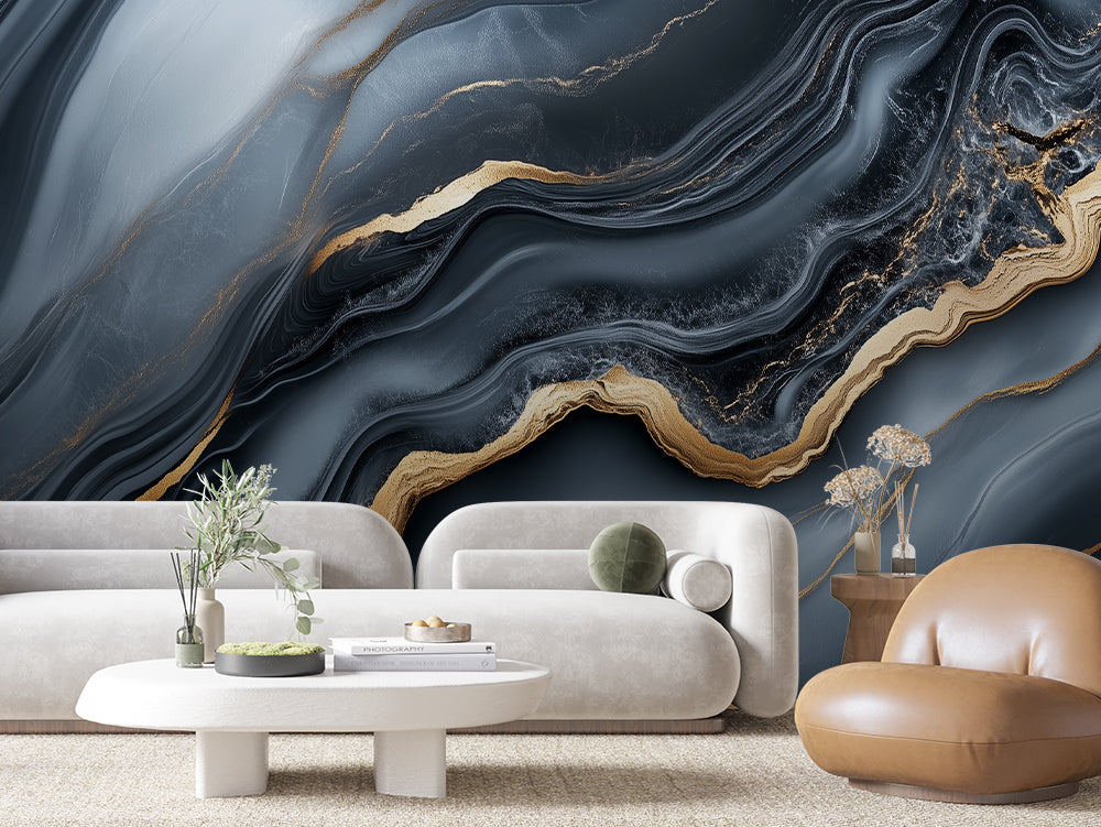 MARBLE 0006 – Deep Slate Gold River Wall Mural