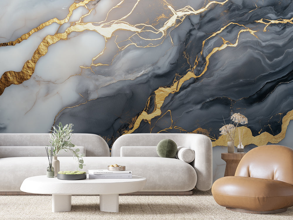 MARBLE 0008 – Charcoal Lightning Gold Marble Wall Mural